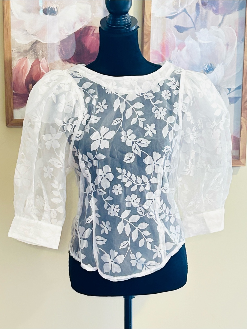 Sheer White Floral Puff-Sleeve Blouse